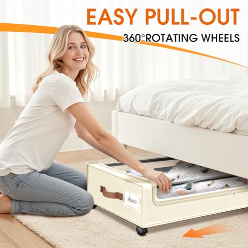 SpaceHacks Under Bed Storage with Wheels 1Pack Underbed Storage with Clear Window&Label Under Bed Drawers Large Capacity Rolling Under Bed Storage for Clothes,Shoes, Blankets (Beige) - color: Beige, size: 1 pack