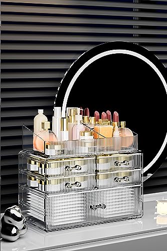 ZHIAI Stackable Organizer, Acrylic Cosmetic Organizer for Dresser, Vanity, Kitchen Cabinet, Bathroom, Under Sink, Home Organization and Storage (1 Top 5 Drawers) - color: (1 Base, 4 Drawers) with Top