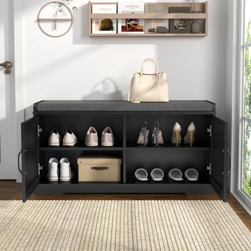 Loomie Shoe Storage Bench, 2-Tier Farmhouse Entryway Bench with Padded Seat Cushion, 13.78" D x 39.37" W x 19.69" H, Slim Shoe Cabinet Bench for Entryway, Living Room, Bedroom (Black) - color: Black