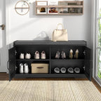 Loomie Shoe Storage Bench, 2-Tier Farmhouse Entryway Bench with Padded Seat Cushion, 13.78" D x 39.37" W x 19.69" H, Slim Shoe Cabinet Bench for Entryway, Living Room, Bedroom (Black) - color: Black