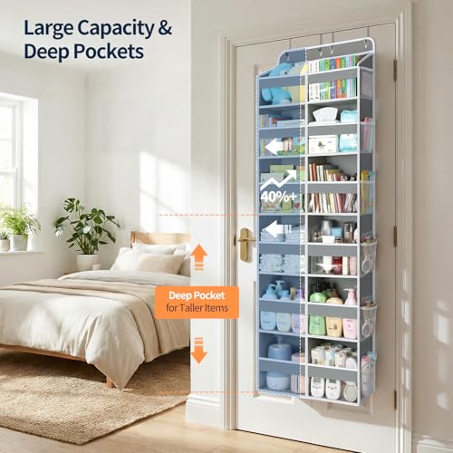Yecaye Over The Door Organizer, 6 Tier Extra Large Behind Door Storage of 12 Compartments, 80lbs Heavy Duty Door Organizer Hanging with Clear Window for Closet Bedroom Pantry Bathroom, Grey - color: Grey, size: 6 Tier