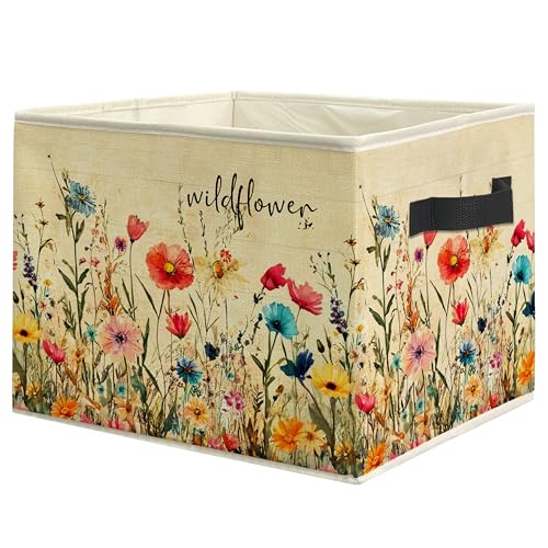 Vintage Wildflower Storage Bin Box with Handles, Rustic Cottagecore Floral Botanical Foldable Linen Fabric Laundry Basket for Home Bedroom Bathroom Clothes Toys Books - color: Floral-G