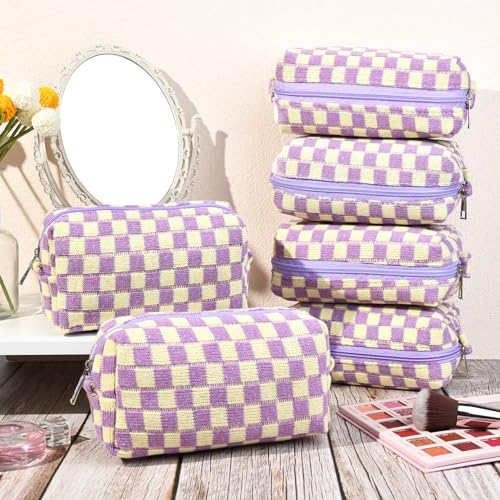 SOIDRAM Checkered Makeup Bag Preppy Cosmetic Bag Bulk Purple Makeup Pouch Personalize Travel Toiletry Bag Organizer Cute DIY Makeup Brushes Storage Bag for Women - color: Purple, size: 6 Pack