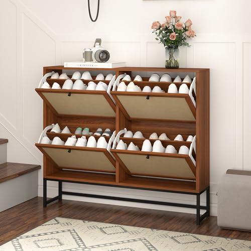 Shoe Cabinet, Shoe Storage Cabinet with 4 Flip Drawers, Freestanding Shoe Organizer Shoe Rack for Entryway, Hallway, Living Room (Walnut - 8 Tiers) - color: Walnut - 8 Tiers