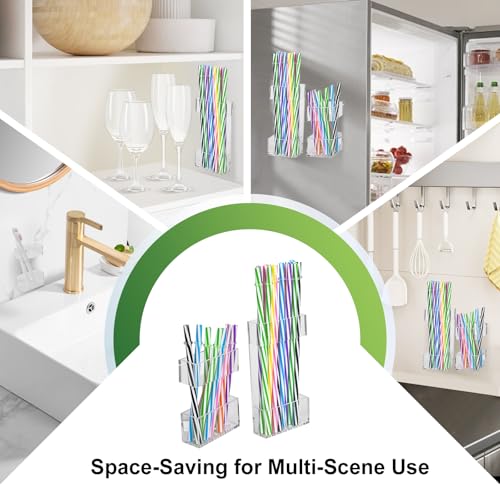 2 PACK Acrylic Straw Holder for Cabinet Doors, Reusable Straw Organizer with Ultra-Sticky Adhesive, Small Kitchen Accessories Container, Fits Both Short & Long Straws (Transparent) - color: Transparent