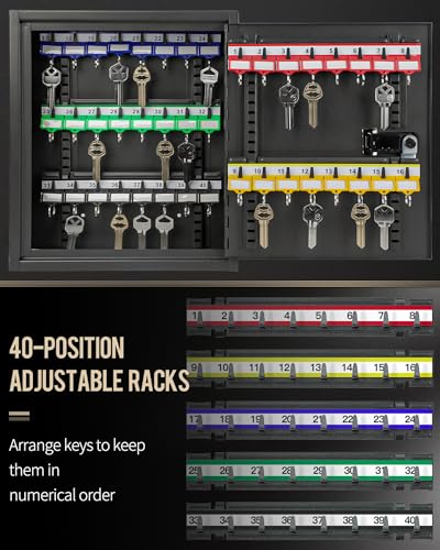 Uniclife 40 Position Key Cabinet with Combination Lock Resettable Black Digital Security Storage Box Steel Key Organizer with Adjustable Racks Colorful Key Tag Labels and Hooks - color: Black, size: 40 Keys
