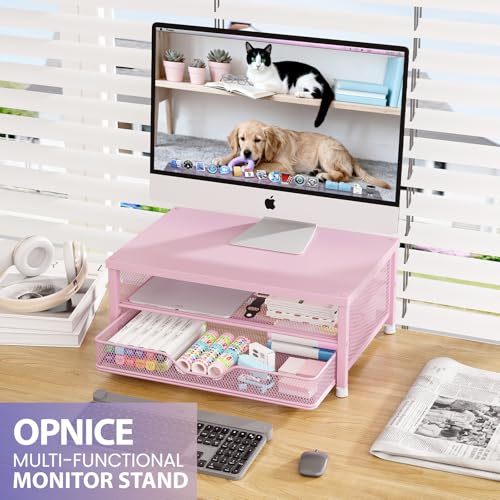 OPNICE Computer Monitor Stand Riser, Desk Organizer with Drawer, Printer & Laptop Stand, Office Desk Accessories & Workspace Desktop Organizers Storage for Office Supplies(Pink) - color: Pink