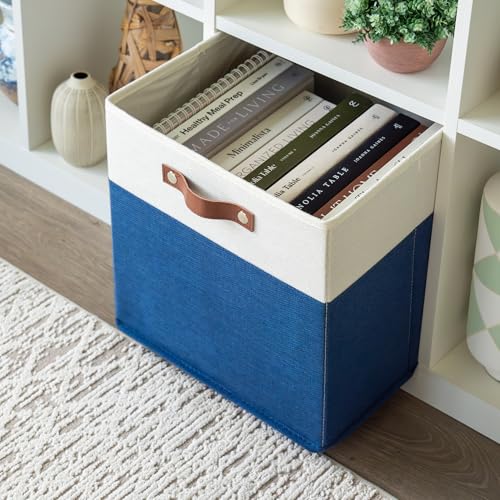 OrganiHaus 13" x 13" x 13" Cube Fabric Storage Bins Set of 4, Fabric Storage Cubes w/ Vegan Handles, 13 inch Collapsible Bins for Clothes & Toy Organizer, 13x13 Basket for Decor - Navy Blue - color: Navy Blue Base / Off-White, size: (13x13) Leather Handle