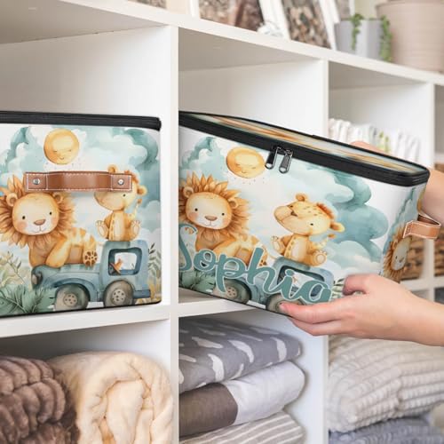 Custom Storage Basket with Name, Personalized Storage Bins with Zipper Lid, Foldable Fabric Storage Box Large capacity with Handle Lion Car - color: Option 22