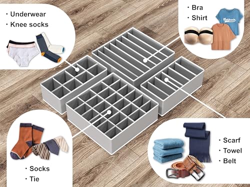 Simple Houseware 4-Pack Drawer Organizer Set - Closet Dividers for Underwear, Socks, Bras, Scarves, Ties - Foldable Non-Woven Storage Boxes, Gray - color: Gray, size: 4 Pack