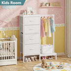 HIGDBFE Tall Dresser 44''H with Hanging Rack, 4 Drawers Small Closet Dresser for Bedroom, Reversible Fabric Chest of Drawers with Clothes Rack, Tall Storage Tower, Sturdy Frame, White - color: White