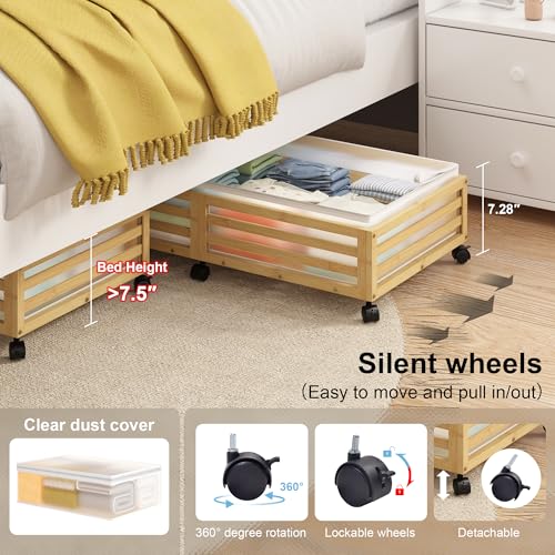 Under Bed Storage Containers With Wheels - 2 Pcs Large Bamboo Wood Rolling Underbed Shoe Storage Bins With Dust Bags for Clothes Blankets, Duvet Covers Snacks Toys (Natural) - color: Nature, size: L