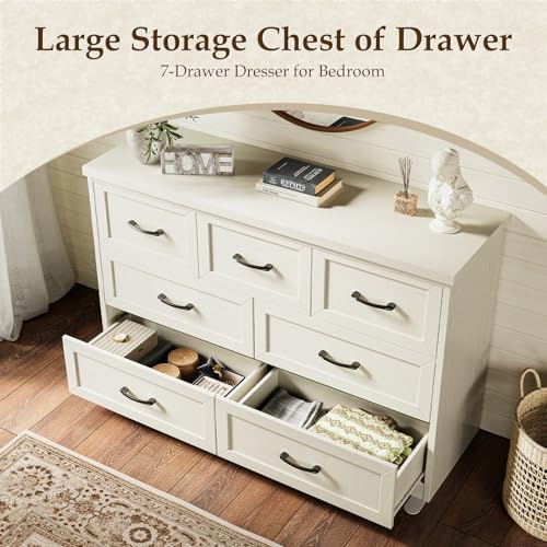 AODK Farmhouse 7 Drawer Dresser for Bedroom, 47” Wide Rustic Storage Chest with Engineered Wood Frame, Anti-Tip Design, American Country Bedroom Furniture, Vintage White - color: Vintage White, size: 15.7"D x 47"W x 29.8"H (7 Drawers)