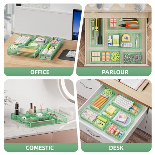 Marbrasse 5 Pack Desk Drawer Organizer Set, Mesh Drawer Storage Trays with 1 Adjustable Divider, Desk Organizers and Accessories, 5 PCS Drawer for Office Supplies, Makeup & Vanity (Green) - color: Green