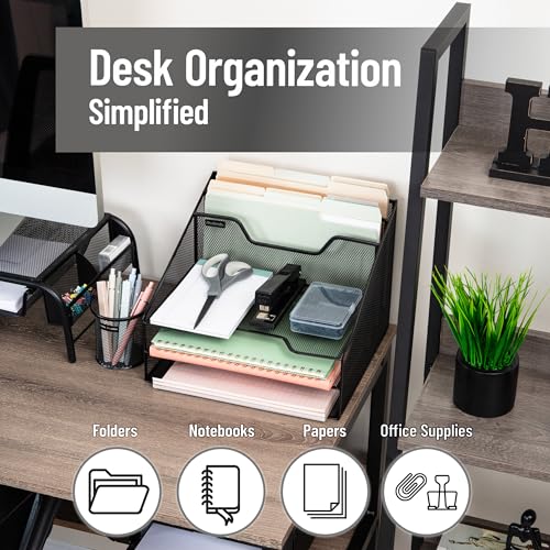 Mind Reader Metal Mesh Desktop File Organizer, 3-Tier Paper Tray with 5 Compartments, Office Mail Sorter, Black - color: Black