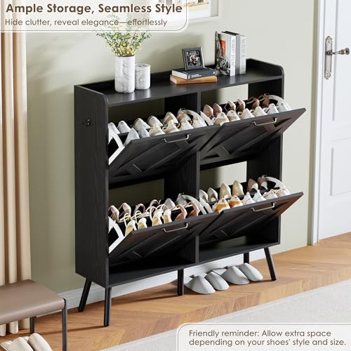 Nicetree Shoe Cabinet with 4 Flip Drawers, Hidden Shoe Rack Cabinet with Metal Legs, Farmhouse Narrow Shoe Storage Cabinet for Entryway, Foyer, Hallway, Black with Hook - color: Black, style: 4-Drawers