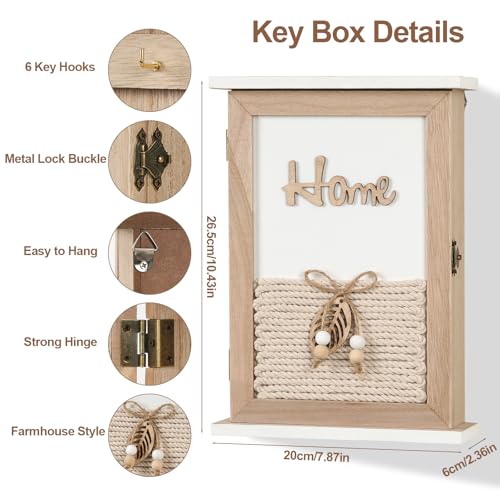 Key Holder for Wall, Rustic Wooden Wall Mount Key Box with 6 Hooks, Farmhouse Key Storage Organizer Key Rack for Entryway Hallway Office, Boho Home Decor