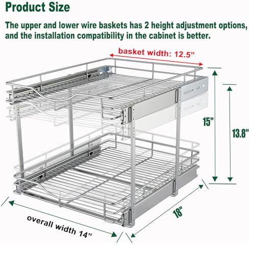 DINDON 2 Tier Pull Out Cabinet Organizer (14" W X 18" D), Double Tier Wire Basket Slide Out Shelf Storage for Kitchen Base Cabinet Organization for Kitchen, Pantry, Bathroom, Chrome - size: 14'' W X 18'' D
