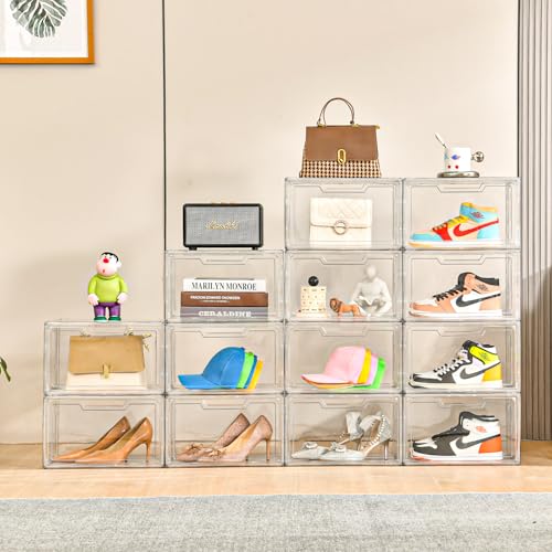 Magnetic Acrylic Clear Shoe Boxes – 360° Clear Plastic Stackable Sneaker Storage Box shoe Display Box Professional Grade Shoe Display Case, Shoe Organizer for Closet (12pcs) - color: Acrylic Clear, size: 12PC