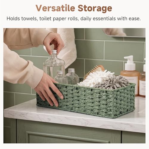 StorageWorks Sage Green Paper Rope Bathroom Basket Organizer and Storage for Tank Topper, Wicker Toilet Paper Basket for Back of Toilet Baskets, Small Narrow Tank Trays for Bathroom Decor, 2 Pack - color: Sage Green, size: 15 ¾"L x 6 ½"W x 4 ¼"H