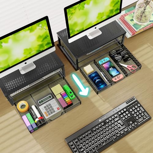 Simple Trending 2 Pack 2 Tier Metal Monitor Riser Stand and Computer Desk Organizer with Drawer, Black - color: 2 Pack Black