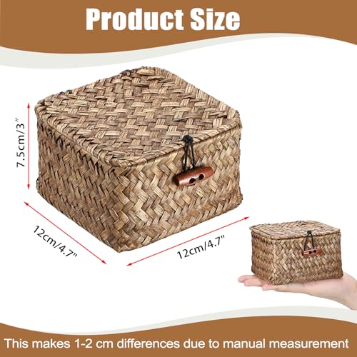 Hipiwe Handwoven Seagrass Basket Bin Small Decorative Shelf Basket Boxes with Lid Wicker Storage Baskets Bins Multipurpose Table Organizer for Key Home Decor, 4.7"L x 4.7"W x 3"H - color: Coffee color, size: 4.7" x 4.7" x 3"