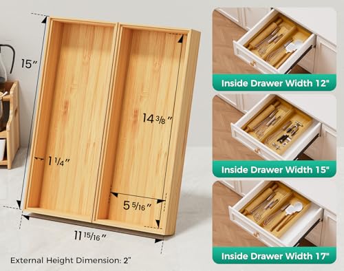 Bamboo Kitchen Drawer Organizer Set of 2, Stackable 15" x 6" Wood Silverware Utensil Tray for Drawers Bins, Cutlery & Flatware Storage – Wooden Boxes Organizers for Junk Drawer, Bathroom, RV - size: 15" x 6" x 2"