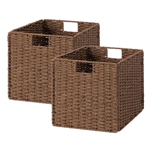 StorageWorks 13 inch Wicker Storage Baskets, Handwoven Wicker Basket for Organizing, Foldable Paper Rope Square Storage Cubes, Brown, 2 Pack - color: Brown, size: 13"L x 13"W x 13"H