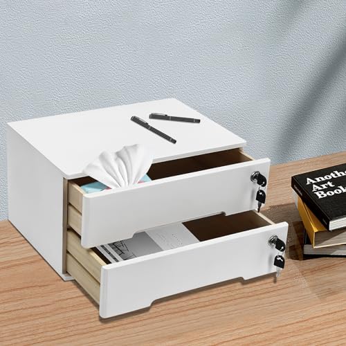 2-Tier Desk Organizer with Lockable Drawers, 2 Pairs of Keys, Wooden Desktop Storage Box, Categorized Storage Desktop File Cabinet(White)… - color: White-2 Tiers