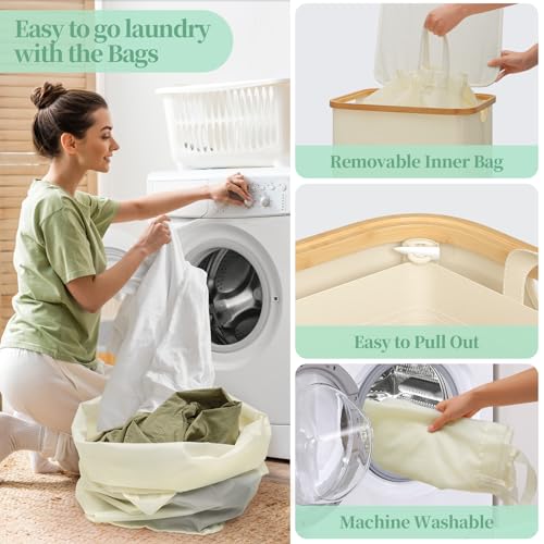 Yecaye 100L Large Capacity Laundry Hamper – Foldable Rolling Laundry Basket, Mobile Clothes Hamper with Wheels, Removable Inner Bag, Bamboo Handle Lid Laundry Bin – Multi-Use Storage,Beige - color: beige