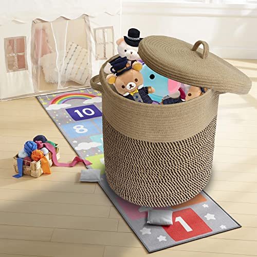 Extra Large Storage Basket with Lid 60L, 16"Wx18"H Woven Laundry Hamper Basket with Handle, Jute Rope Wicker Basket Blankets Pillows Storage in Living Room Baby Nursery, Jute/Black Mix includes Lid - color: Jute/Black Mix-16"Wx18"H