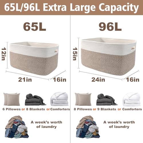 JMvicyroam Woven Blanket Basket,65L Large Storage Bin for Blankets Toys Clothes,Decorative Rope Basket for Living Room Bedroom with Handles, White&Oatmeal - color: White&Oatmeal, size: 65L