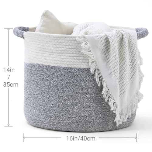 Blanket Basket - Woven Round Rope Storage Basket (16"Wx14"H) for Blankets & Throws, Small Laundry & Toy Organizer, Decorative Living Room & Bedroom Cotton Basket - White & Gray - color: White & Gray, size: Regular-16"Wx14"H