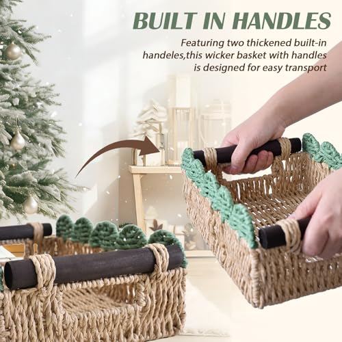 Wicker Basket with Built-in Handles, Small Scalloped Basket for Organizing, Set of 2 Decorative Baskets for Home and Toilet Paper Storage（Beige+Green） - color: Beige+Green