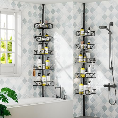 Skycarper 5 Tier Adjustable Corner Shower Caddy Organizer with Hooks,Rustproof Tension Pole 62-116 Inch, Black - color: Black