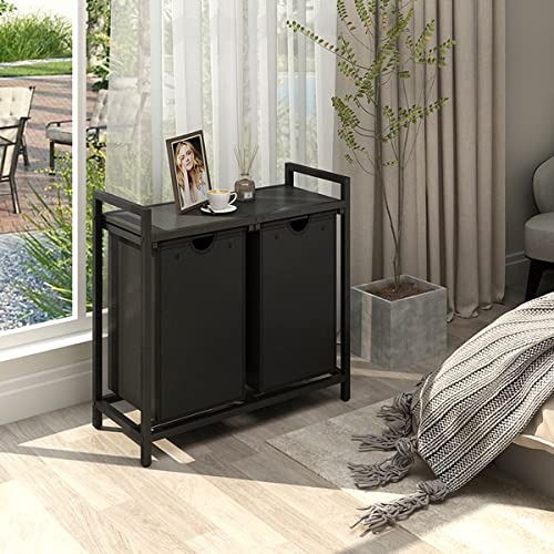 LAATOOREE Laundry Hamper, Two-Color 2 × 48L Laundry Basket with 2 Removable Laundry Sorter Bags and Top Shelf, Clothes Hamper for Laundry Room, Bathroom - style: 2bags-Black Walnut