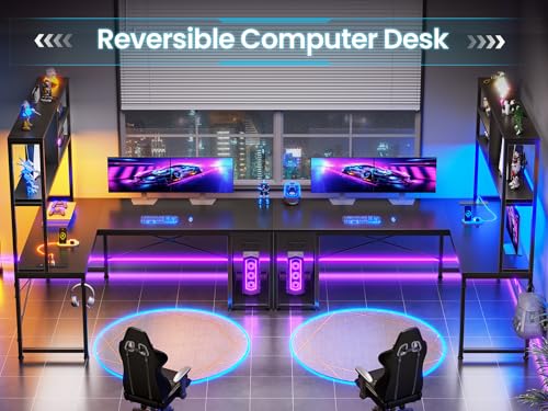 SEDETA L Shaped Gaming Desk, 51.2" Reversible Small Corner Desk with Drawer, Power Outlet & LED Lights, Computer Desk with Storage Shelves for Small Space, Black - color: Black