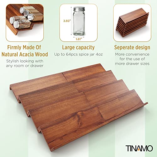 Tinamo Acacia Wooden Spice Rack Organizer for Cabinet - Spice Drawer Insert, Spice Organization for Cabinet, Seasoning Organizer, 4-Tier Spice Jar Rack for Drawer, Spice Holder Pack of 8 (64 Jars) - color: Acacia, size: Pack 8
