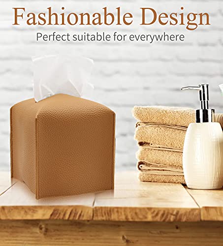 Livelab Tissue Box Cover, Modern Square Decorative PU Leather Facial Paper Case Organizer Holder Dispenser for Bathroom, Vanity Countertop, Night Stands, Desk, Car 5X5X5'' | Camel - color: Camel