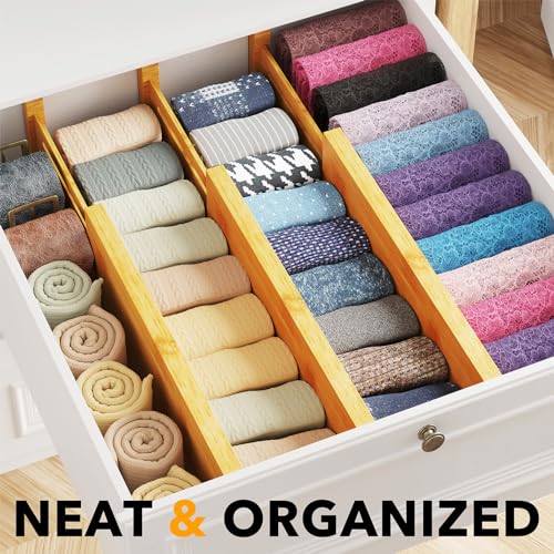 SpaceAid Bamboo Dresser Drawer Dividers 6 Pack, 4.65“ High Adjustable 12.5“-17” Drawer Organizers, Expandable Organization for Clothing, Clothes, Dressers, Natural - color: NATURAL, size: 4.65''H, 12.5''-17''L