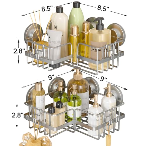 LEVERLOC Corner-adaptive Suction Cup Shower Caddies 2 Pack, Stainless Steel Rustproof Corner Shower Shelf, Large Capacity Removable Suction Cup Bathroom Organizer, Drill-Free Wall Mounted Basket, Gray - style: Corner Caddy, Grey