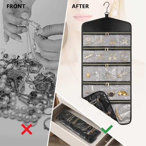 CHICECO Travel Jewelry Holder Organizer,Hanging Jewelry Organizer Storage with Zippered Pockets for Cloest,Jewelry Holder for Earrings, Necklaces (Grey Black) - color: Grey Black