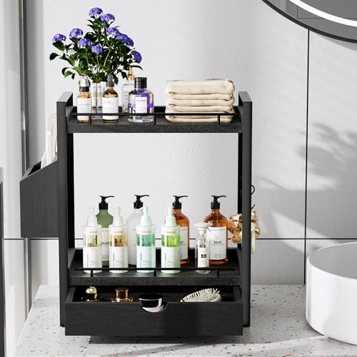 2-Tier Wood Bathroom Counter Organizer, Countertop Organizer with Drawer and Storage Basket, Bathroom Sink Organizer for Vanity, Skincare, Makeup, and Daily Essentials (Black) - color: Black