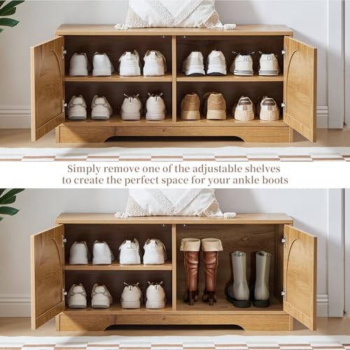 BERRYMERRY 39.4" Fluted Shoe Storage Bench for Entryway,2 Tier Shoe Cabinet Bench with Adjustable Shelf,Bench for Bedroom End of Bed (Natural, 13.8”D x 39.4”W x 18.5”H) - color: Natural