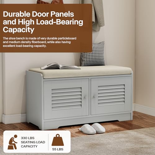 2 Tier Storage Bench with Cushion,31.5" Entryway Bench with Shoe Storage,Shoe Storage Cabinet with Adjustable Shelves,2 Door Cabinet with Hidde for Hallway,Bedroom,Living Room,Grey