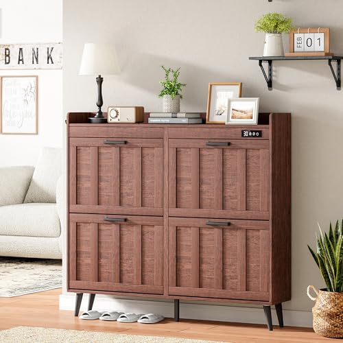 ChooChoo Shoe Storage Cabinet with 4 Flip Drawers, Deodorizing Shoe Organizer Storage for Entryway, Freestanding Hidden Slim Narrow Shoe Rack Cabinet, Walnut - color: Walnut, size: 4-Drawers