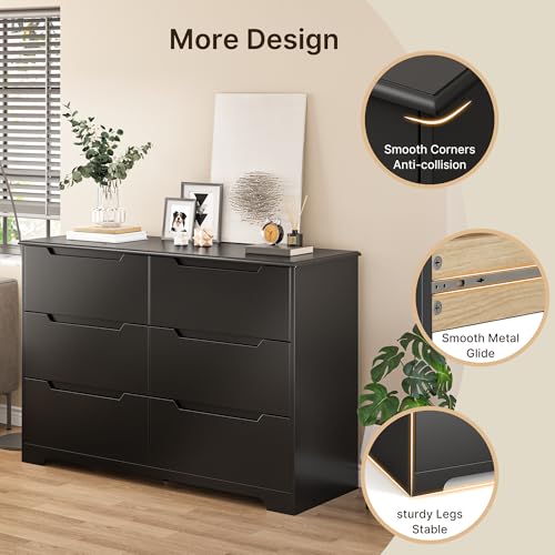 Gizoon 6 Drawer Double Dresser for Bedroom with Anti-Tip Design, Modern Wide Wooden Chest of Drawers with Cut-Out Handles, Closet Storage Organizer and TV Stand for Living Room, Hallway, Entryway - color: Black, size: 15.7"D x 47.3"W x 31.5"H (6 Drawers)