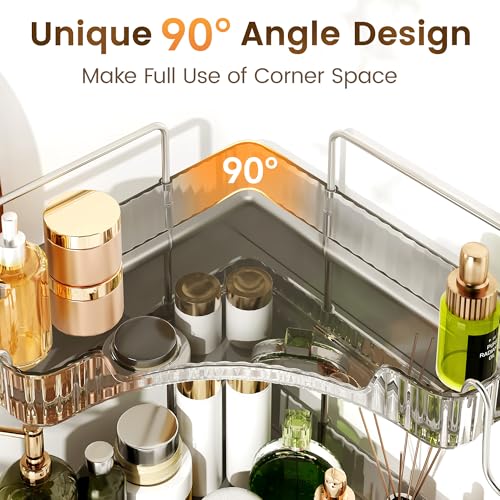 Corner Counter Organizer, 2-Tier Bathroom & Kitchen Storage Tray with Hooks | Clear Vanity Organizer for Skincare, Makeup & Jewelry - color: Grey, size: 2 Tier