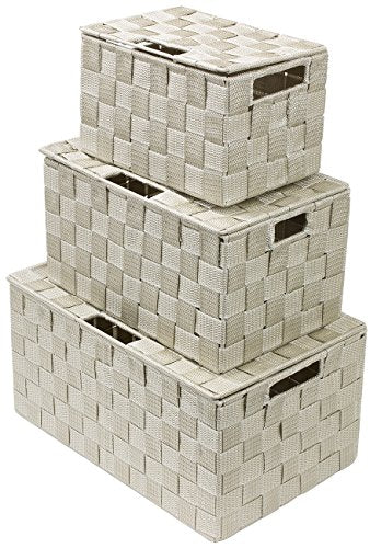 Sorbus Set of 3 Storage Baskets for Organizing with Lid – Mesh Hand-Woven Baskets for Closet, Shelf & Home Storage (Beige, Variety Pack) - color: Beige