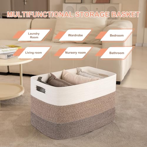 OIAHOMY 108L Super Large Blanket Basket, 25”x16”x16”(108L) Rectangle Woven Baskets for Storage, Cotton Rope Basket For Living Room, Toy Storage with Handle- Gradient Dark Brown - color: Gradient Dark Brown